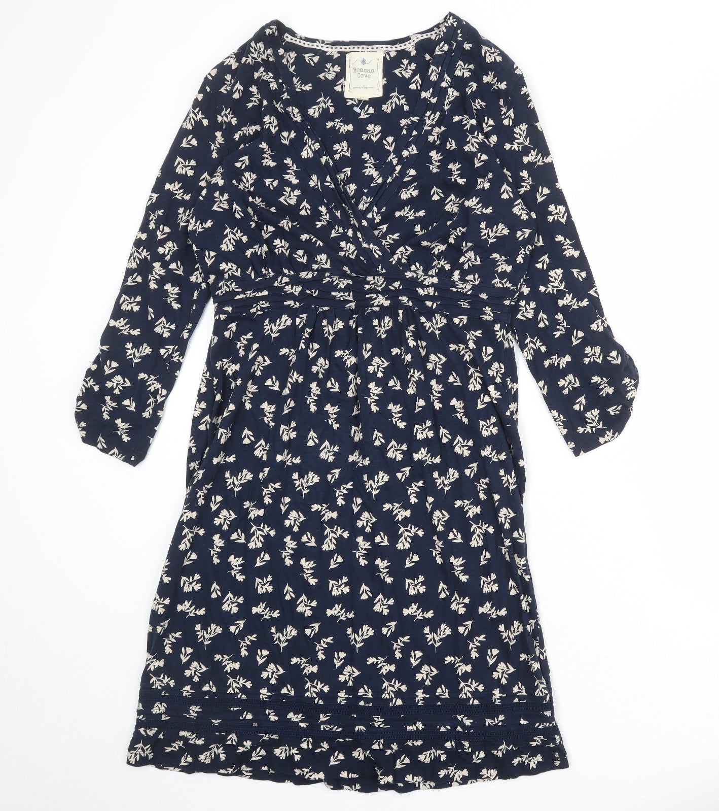 Beacon Cove Womens Blue Geometric 100% Cotton A-Line Size L V-Neck Pullover