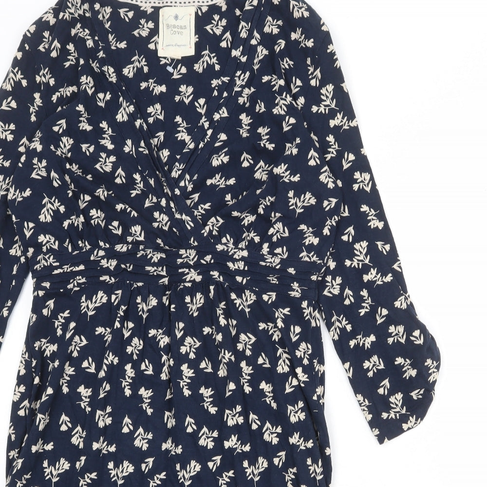 Beacon Cove Womens Blue Geometric 100% Cotton A-Line Size L V-Neck Pullover