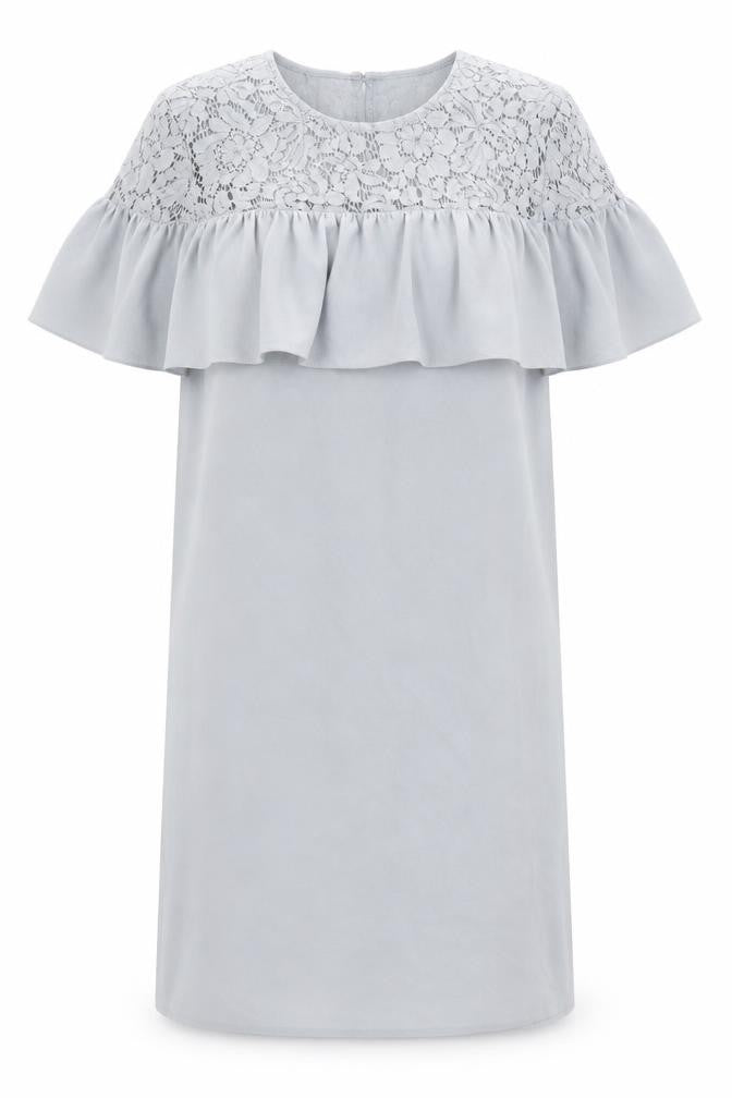 Front view of H&M women’s blue polyester shift, size UK 12, round neck button - lace details