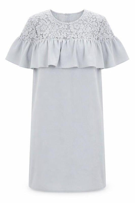 Front view of H&M women’s blue polyester shift, size UK 12, round neck button - lace details
