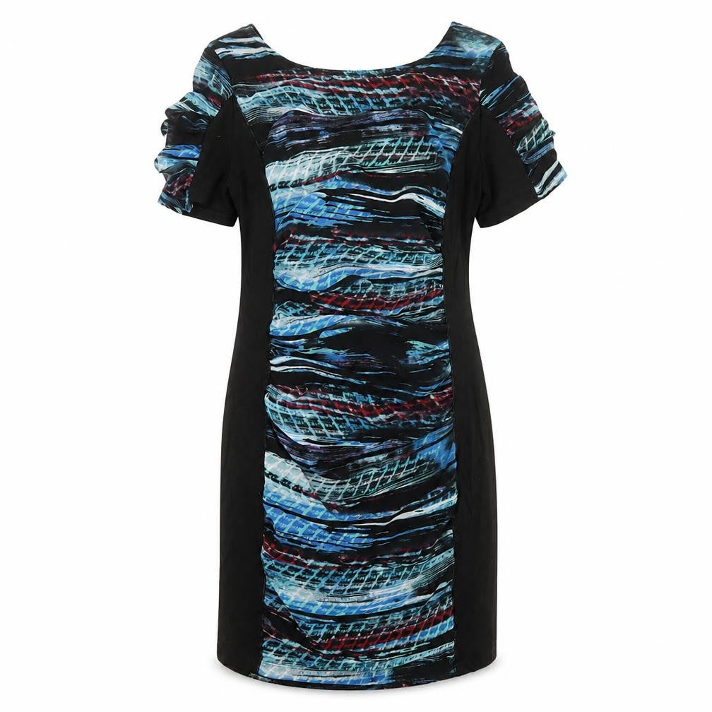 Front view of Per Una women’s black geometric polyester shift, size UK 14, round neck zip