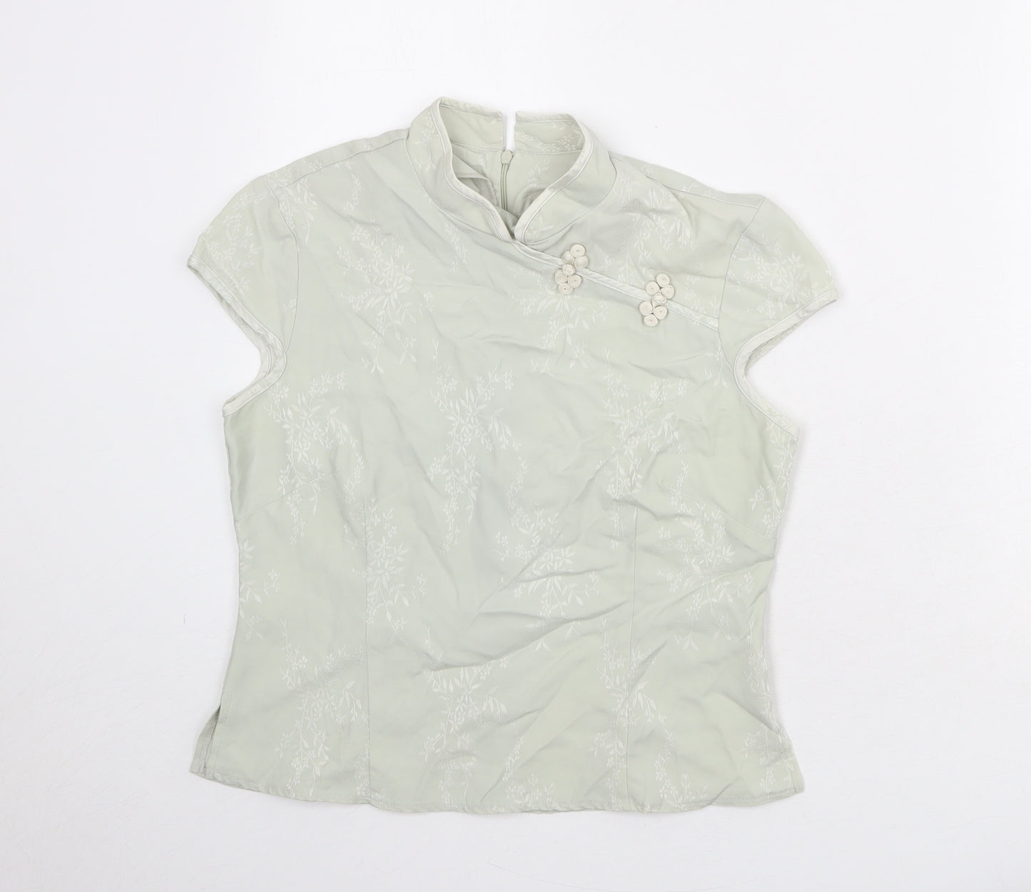 Select Womens Green Geometric Viscose Basic Blouse Size 14 Mock Neck