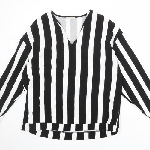 Zara Womens Black V-Neck Striped Polyester Pullover Jumper Size M