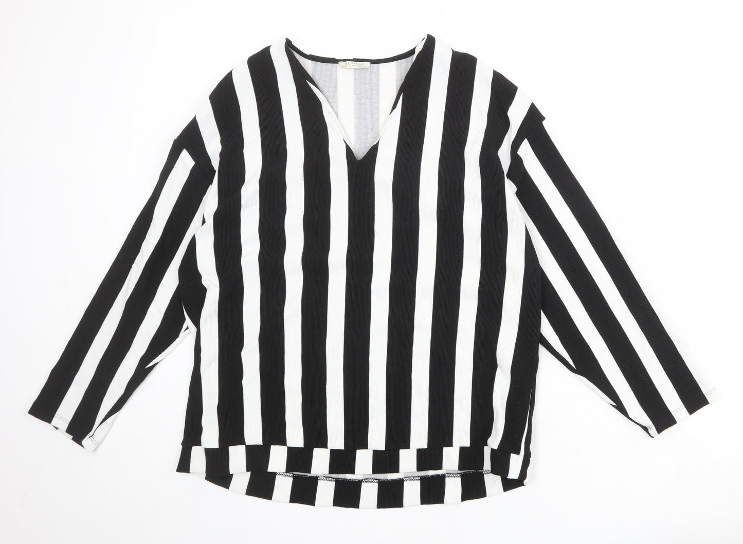 Zara Womens Black V-Neck Striped Polyester Pullover Jumper Size M