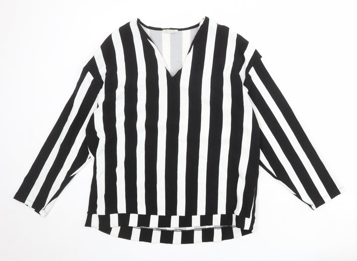Zara Womens Black V-Neck Striped Polyester Pullover Jumper Size M