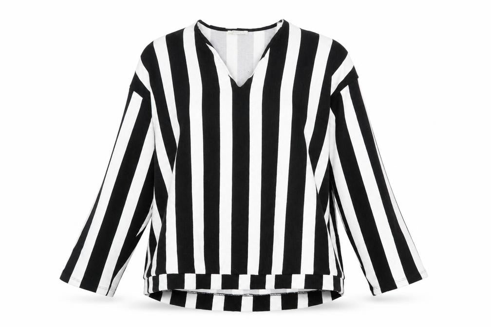 Front view of Zara women’s black v-neck striped polyester jumper, size M