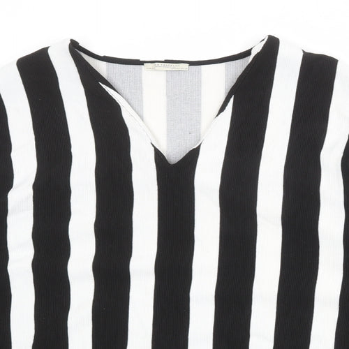 Zara Womens Black V-Neck Striped Polyester Pullover Jumper Size M