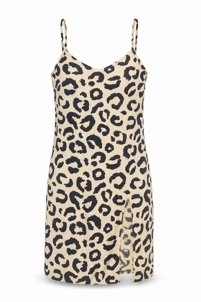 Front view of Heartbreak women’s beige geometric polyester tank dress, size UK 10, v-neck pullover