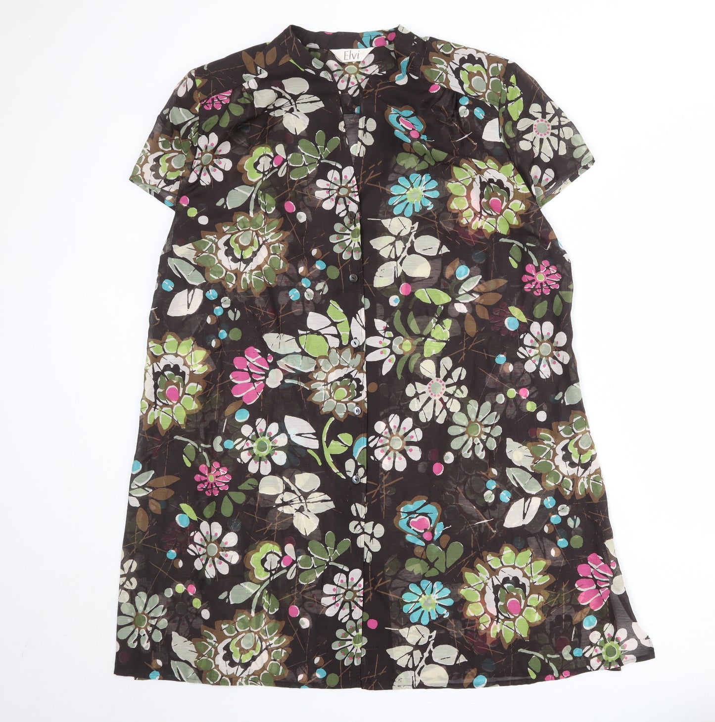 ELVI Womens Brown Floral Polyester Shirt Dress Size 24 V-Neck Button