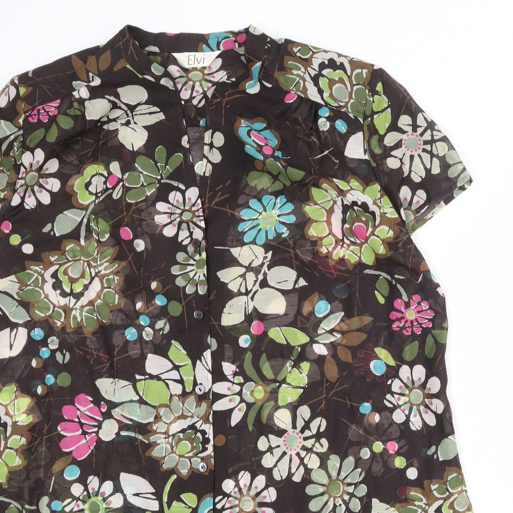 ELVI Womens Brown Floral Polyester Shirt Dress Size 24 V-Neck Button
