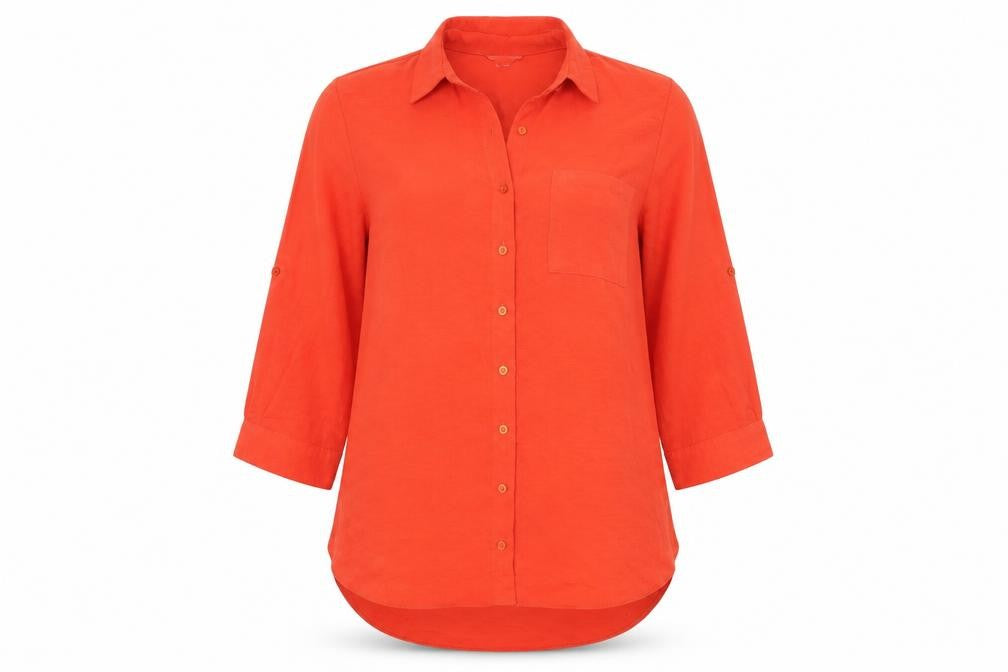 Front view of M&Co women’s red polyester basic button-up, size UK 12, collared
