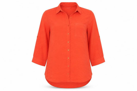 Front view of M&Co women’s red polyester basic button-up, size UK 12, collared