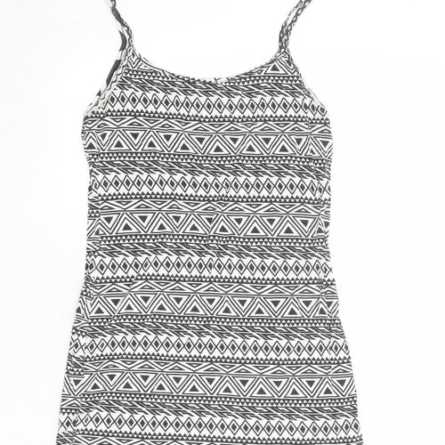 Busy Womens White Geometric Viscose Basic Tank Size S Round Neck - Size S-M