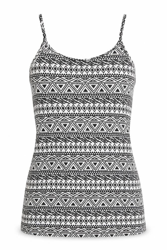Front view of Busy women’s white geometric viscose basic tank, size S, round neck -, size S-m