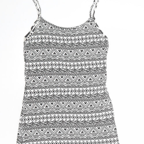 Busy Womens White Geometric Viscose Basic Tank Size S Round Neck - Size S-M
