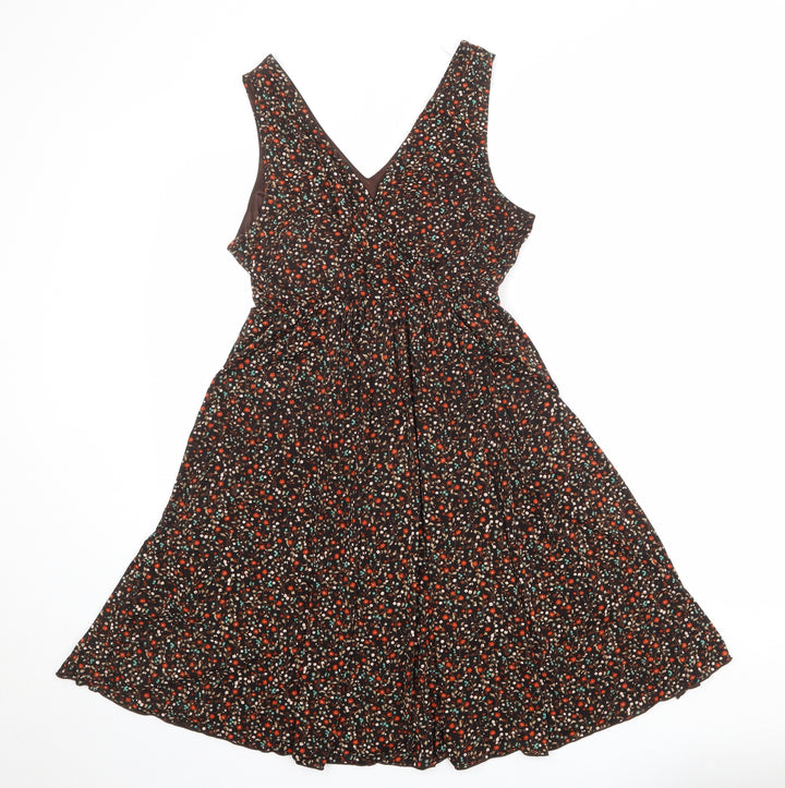 Sugar Reef Womens Brown Floral Polyester Fit & Flare Size 10 V-Neck Pullover