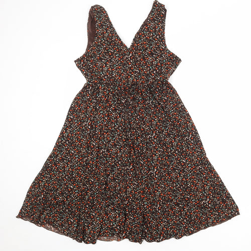 Sugar Reef Womens Brown Floral Polyester Fit & Flare Size 10 V-Neck Pullover