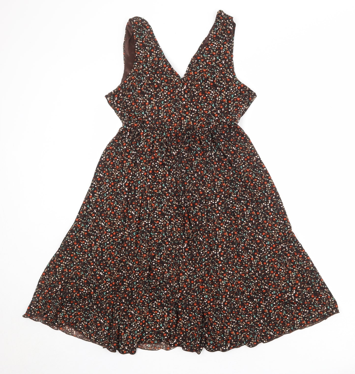 Sugar Reef Womens Brown Floral Polyester Fit & Flare Size 10 V-Neck Pullover