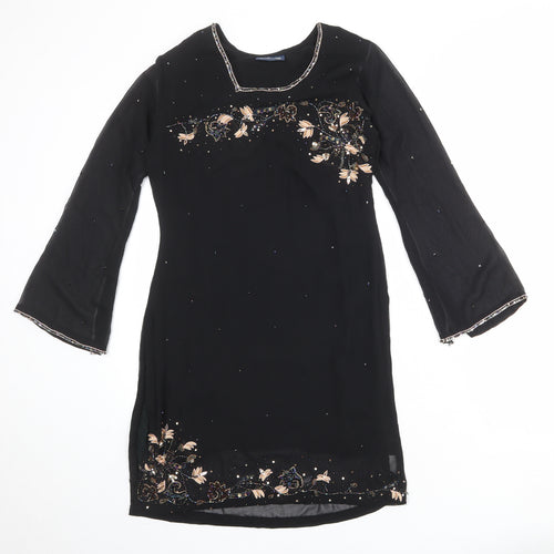 Collections Womens Black Floral Polyester Kaftan Size S Round Neck Pullover