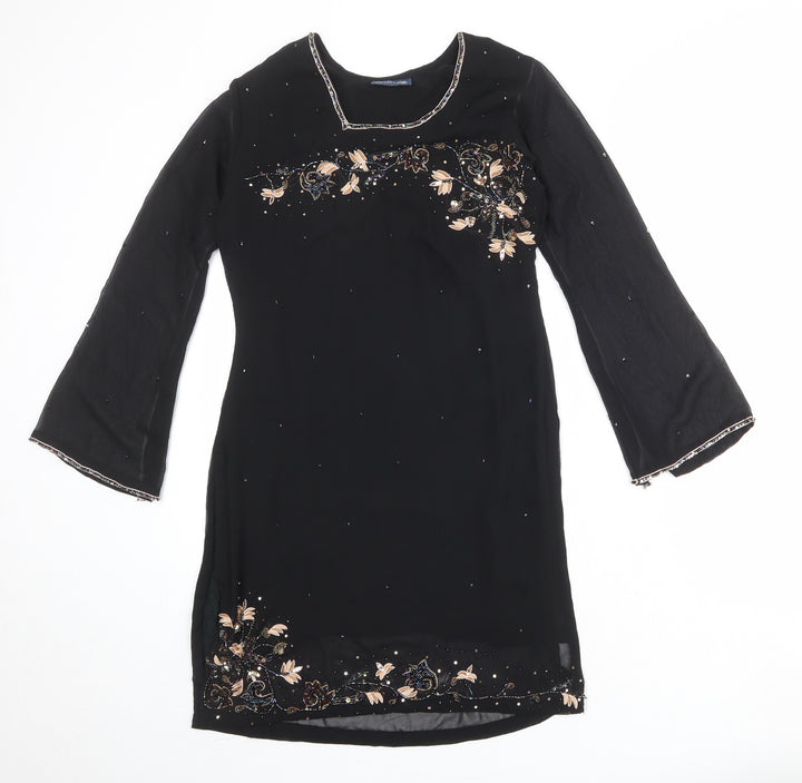 Collections Womens Black Floral Polyester Kaftan Size S Round Neck Pullover