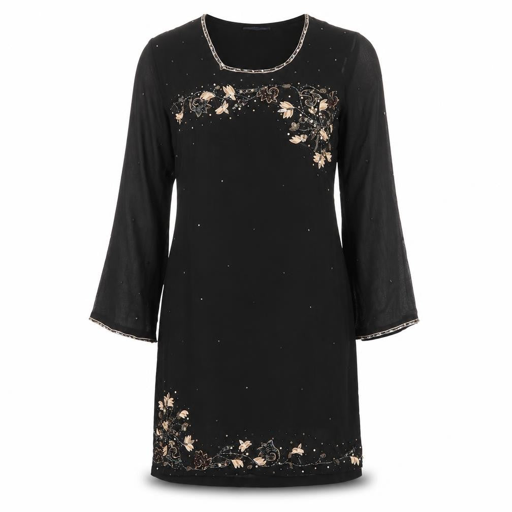 Front view of Collections women’s black floral polyester kaftan, size S, round neck pullover