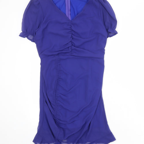 PRETTYLITTLETHING Womens Blue Herringbone Polyester Shift Size 10 V-Neck Zip