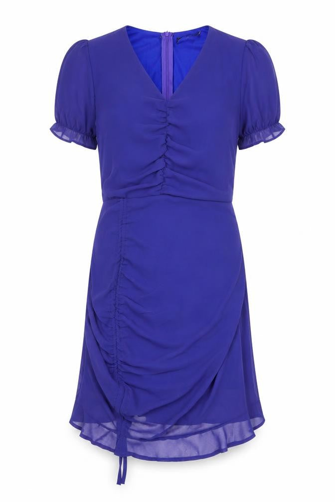 Front view of PRETTYLITTLETHING women’s blue herringbone polyester shift, size UK 10, v-neck zip