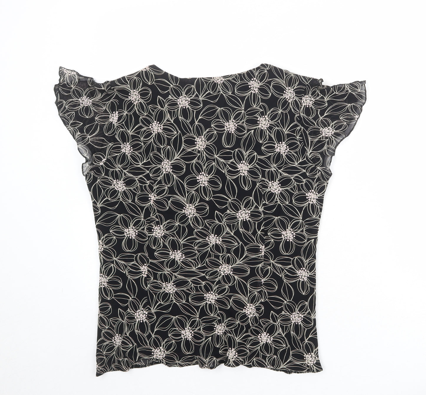 Debenhams Womens Black Floral Viscose Basic Blouse Size 14 V-Neck