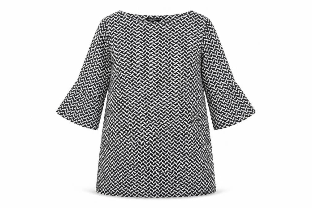 Front view of Marina Kaneva women’s black geometric polyester a-line, size UK 16, boat neck pullover
