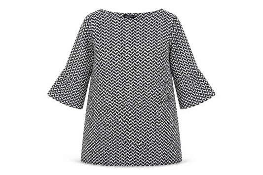 Front view of Marina Kaneva women’s black geometric polyester a-line, size UK 16, boat neck pullover