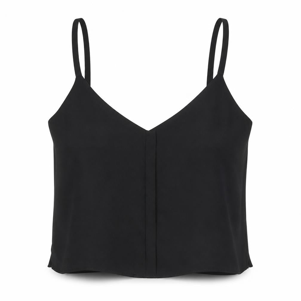 Front view of Topshop women’s black polyester cropped tank, size UK 8, v-neck