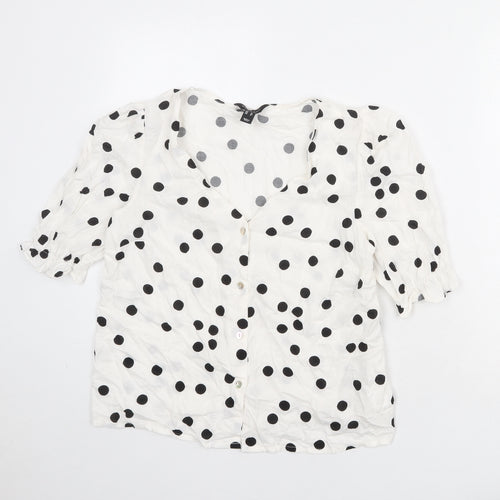 New Look Womens White Polka Dot Viscose Basic Button-Up Size 10 V-Neck