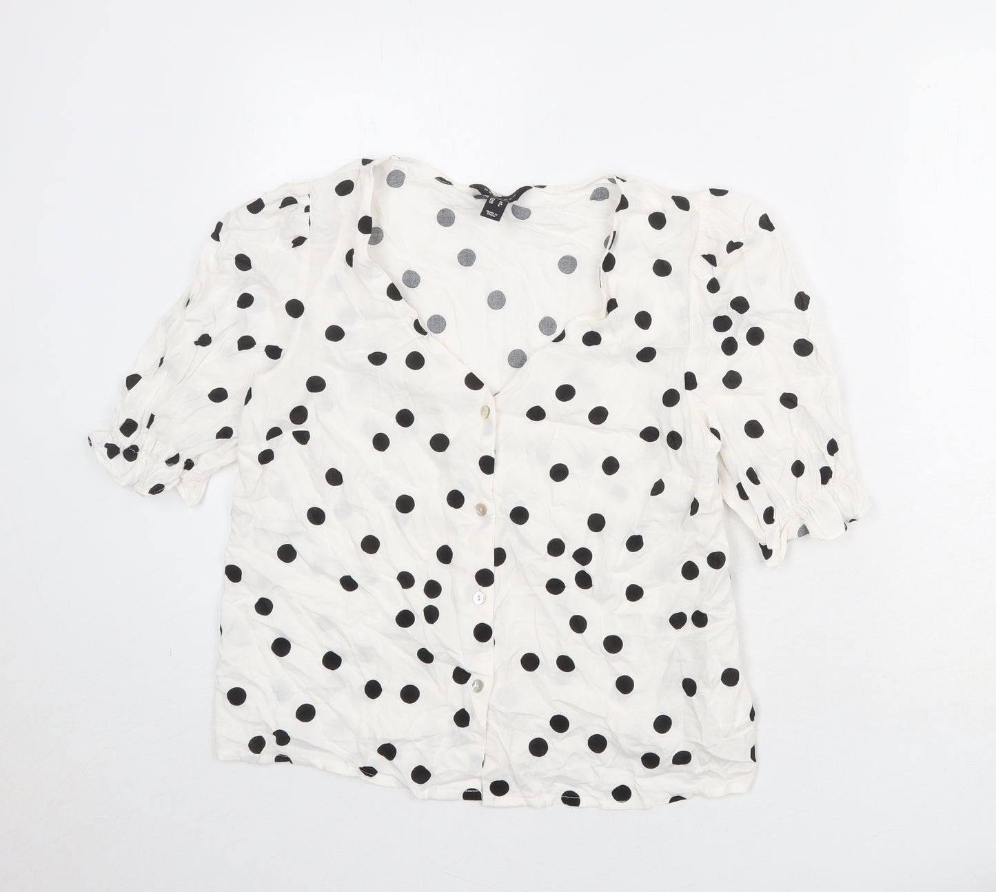 New Look Womens White Polka Dot Viscose Basic Button-Up Size 10 V-Neck