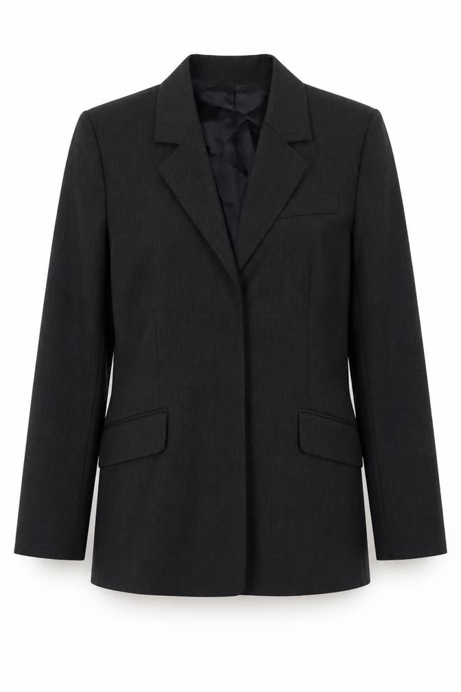 Front view of Racing Green women’s grey polyester jacket blazer, size UK 10, - open