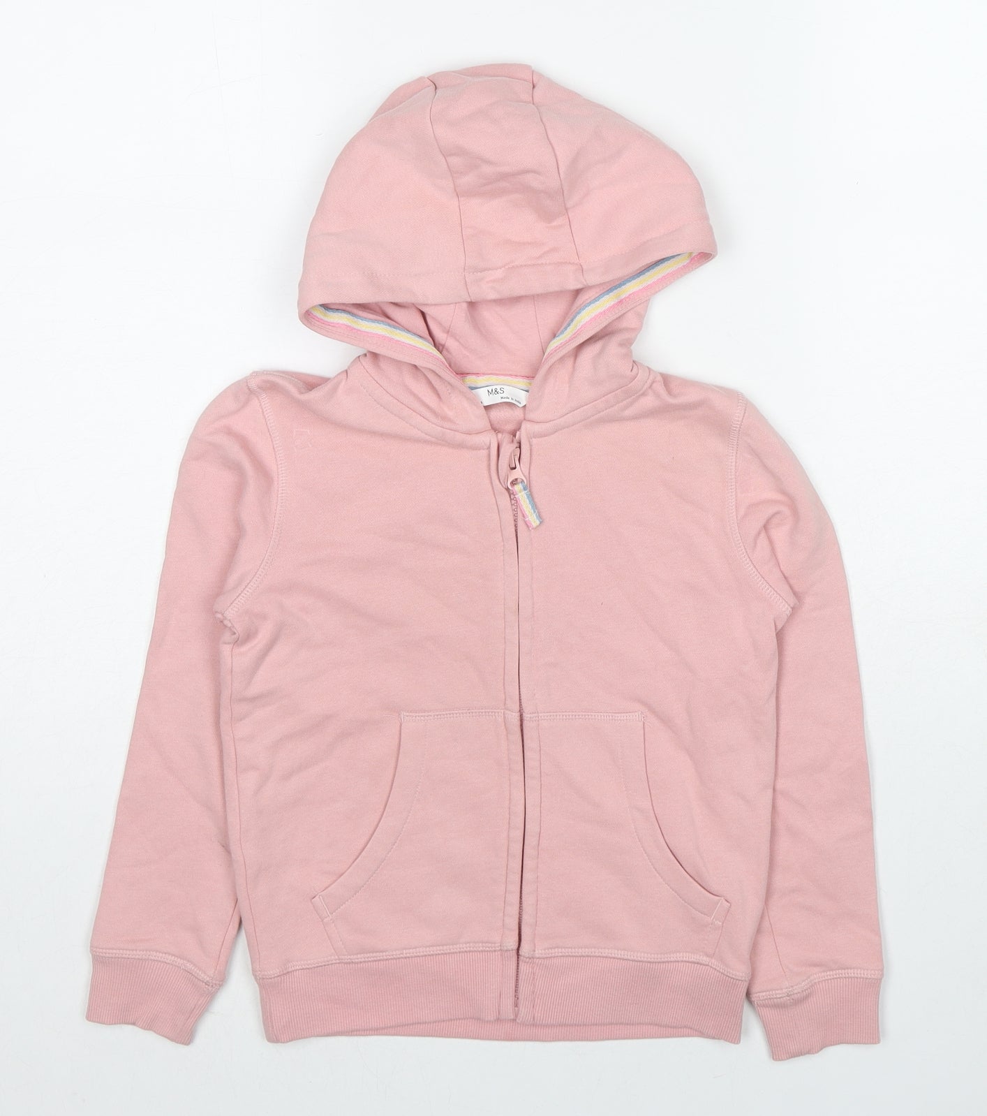 Marks and Spencer Girls Pink Cotton Full Zip Hoodie Size 6-7 Years Zip