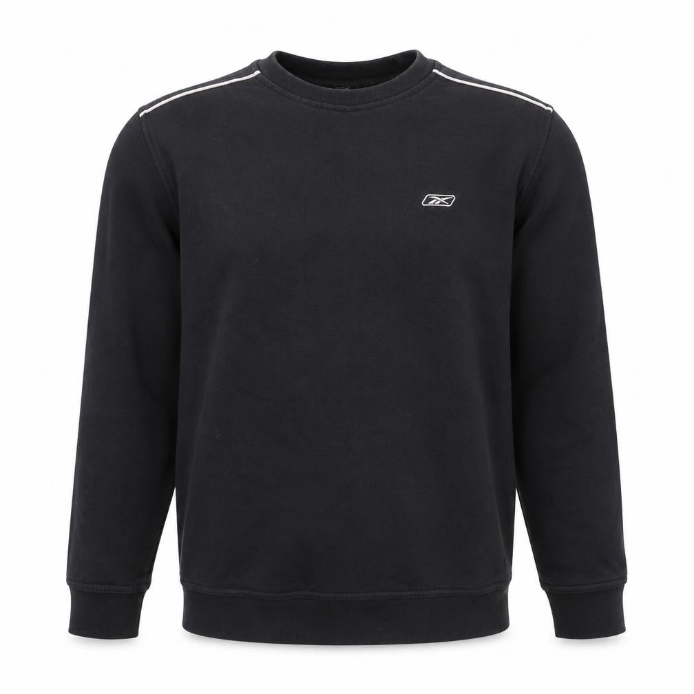 Front view of Reebok men’s black cotton pullover sweatshirt, size XS