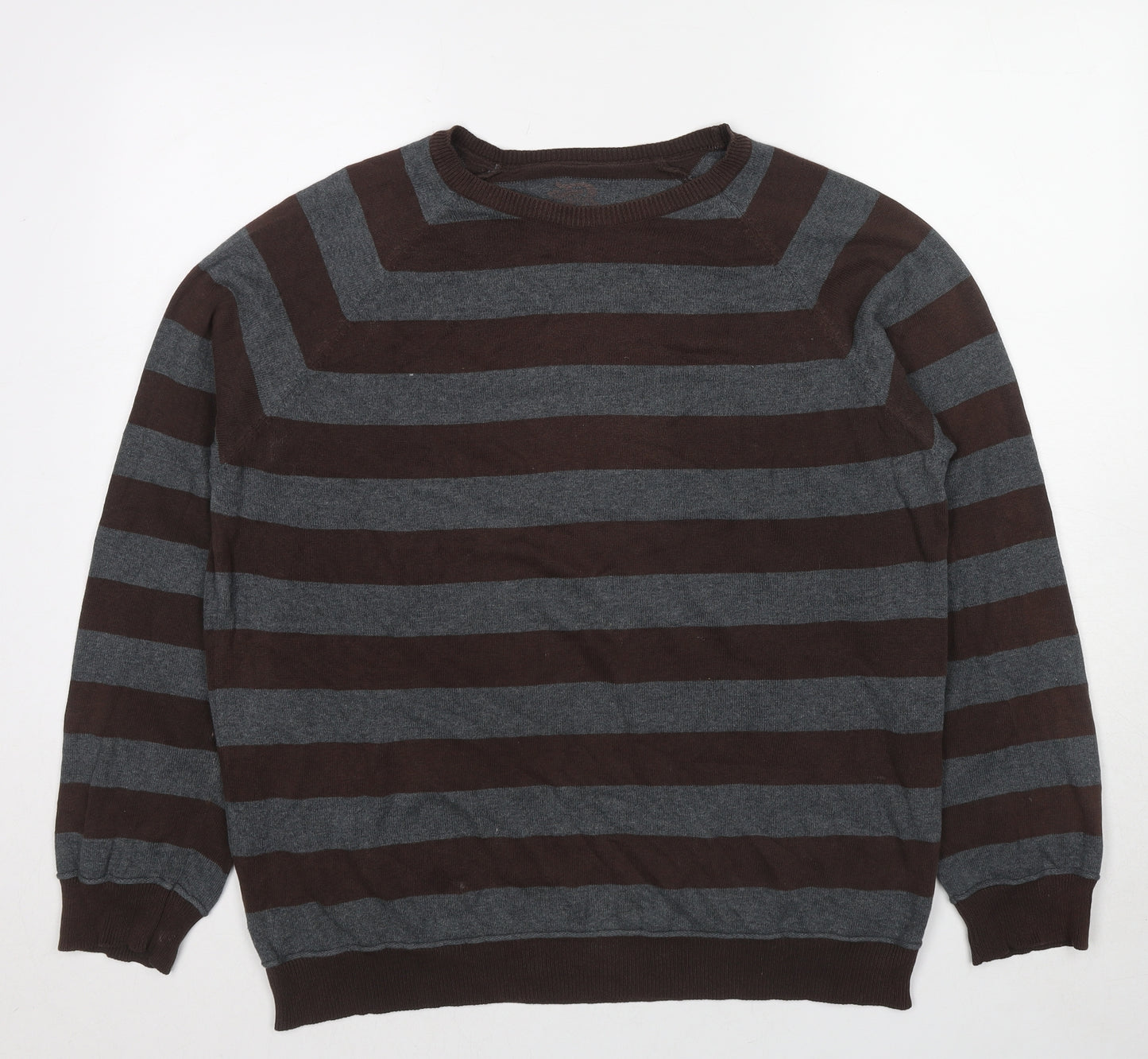 Burton Mens Brown Round Neck Striped Cotton Pullover Jumper Size L Long Sleeve