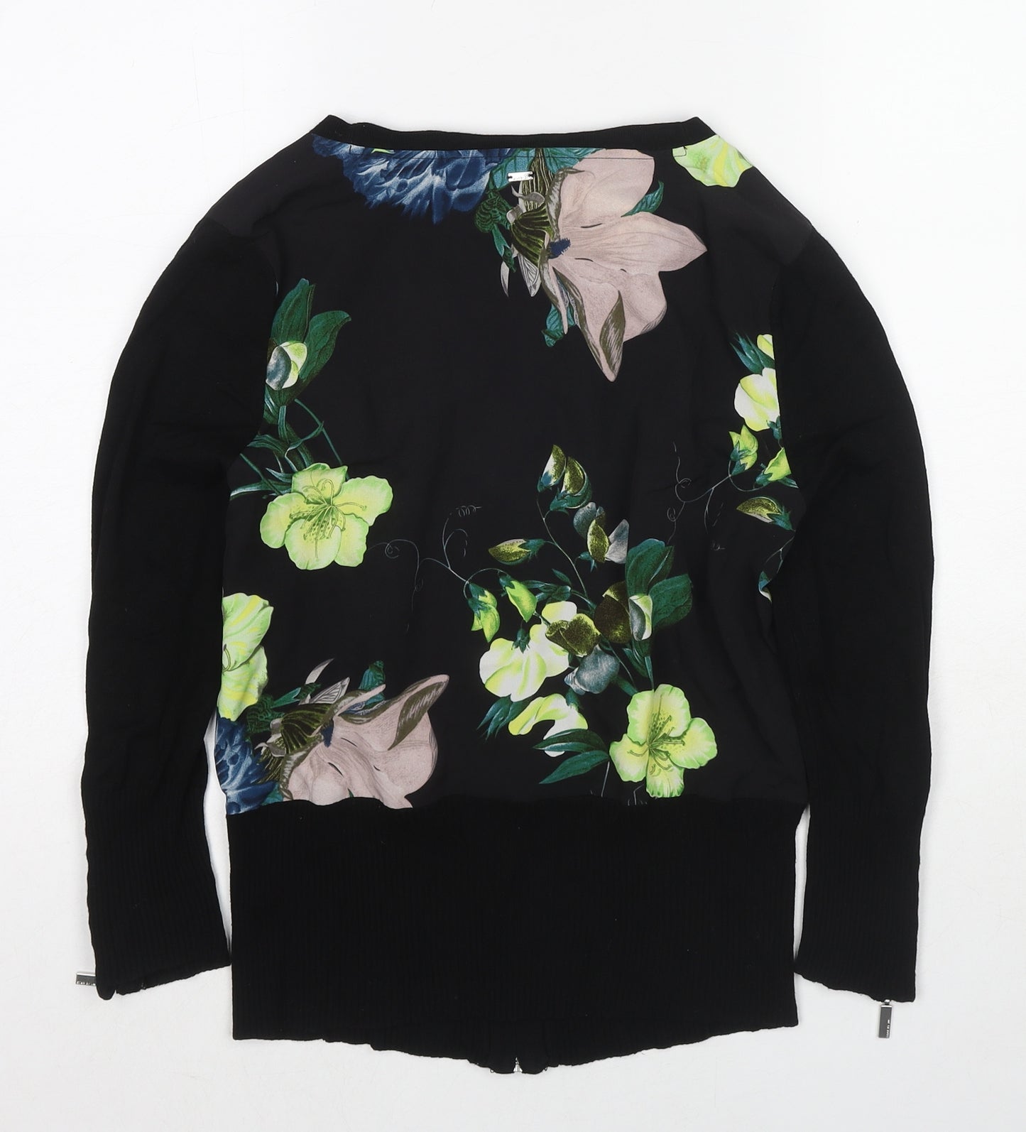 Debenhams Womens Black V-Neck Floral Viscose Full Zip Jumper Size 10