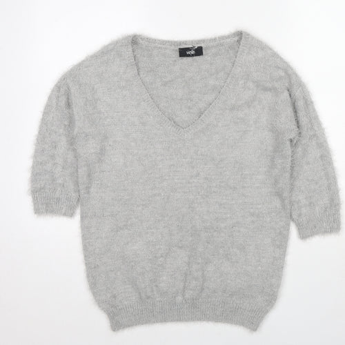 Wallis Womens Grey V-Neck Nylon Pullover Jumper Size S