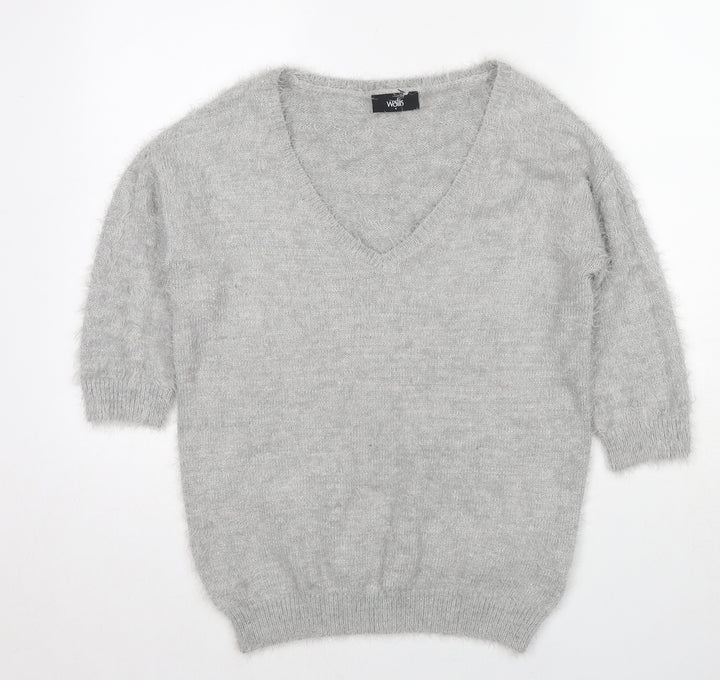 Wallis Womens Grey V-Neck Nylon Pullover Jumper Size S