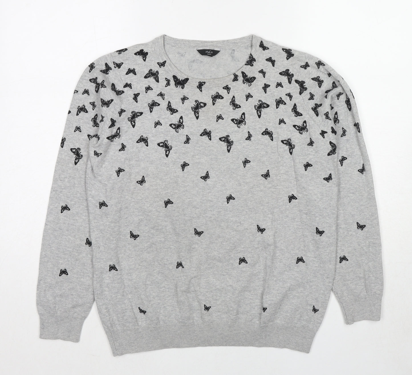 M&Co Womens Grey Round Neck Geometric Cotton Pullover Jumper Size 14 - Butterfly