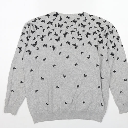 M&Co Womens Grey Round Neck Geometric Cotton Pullover Jumper Size 14 - Butterfly