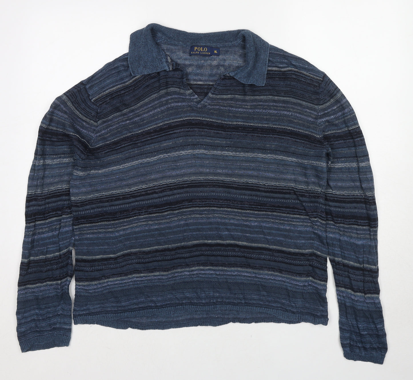 Polo Ralph Lauren Mens Blue Collared Striped Linen Pullover Jumper Size XL Long Sleeve Pullover