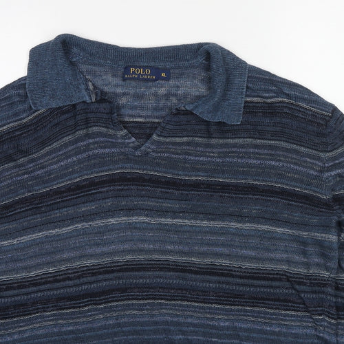 Polo Ralph Lauren Mens Blue Collared Striped Linen Pullover Jumper Size XL Long Sleeve Pullover