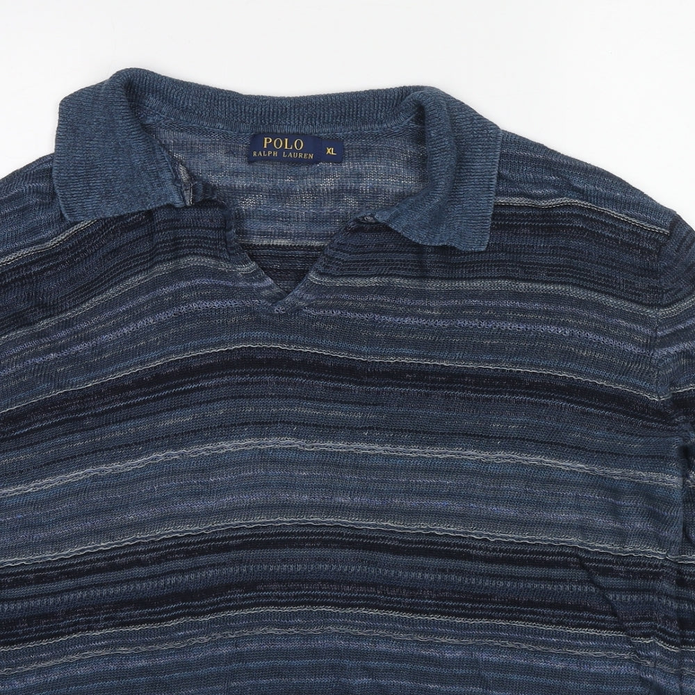 Polo Ralph Lauren Mens Blue Collared Striped Linen Pullover Jumper Size XL Long Sleeve Pullover