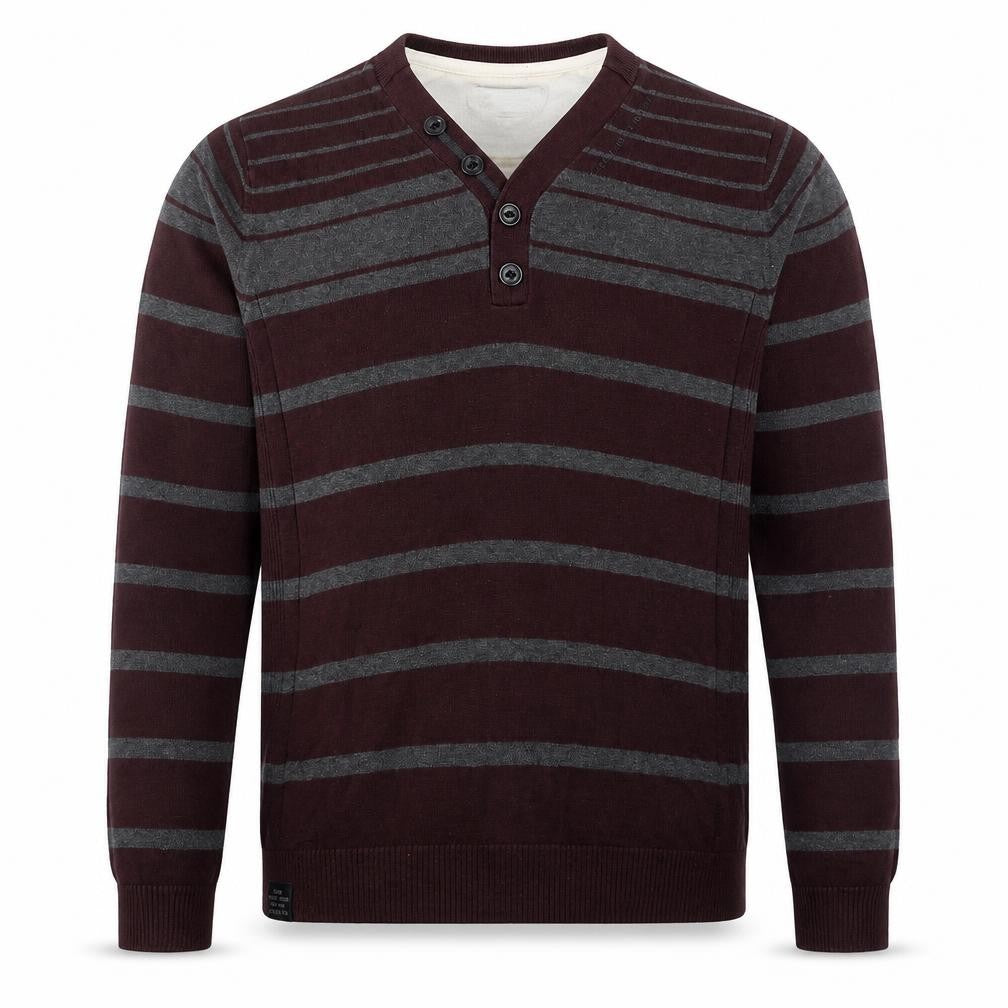 Front view of Next men’s red v-neck striped polyester jumper, size M, long sleeve