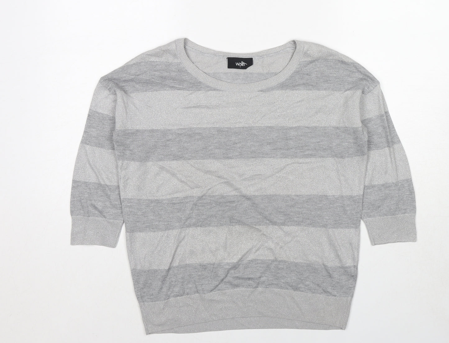 Wallis Womens Grey Round Neck Striped Viscose Pullover Jumper Size S