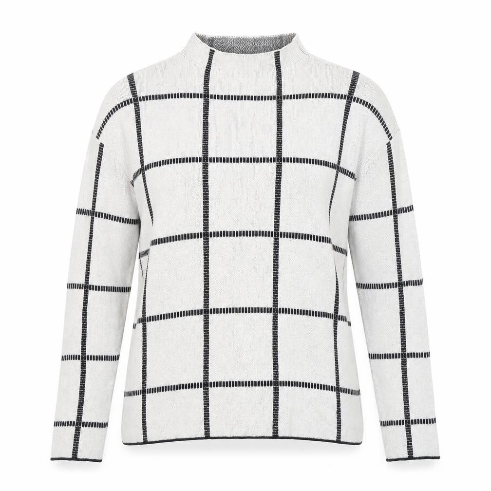 Front view of Society 8 women’s ivory mock neck check polyester jumper, size UK 10