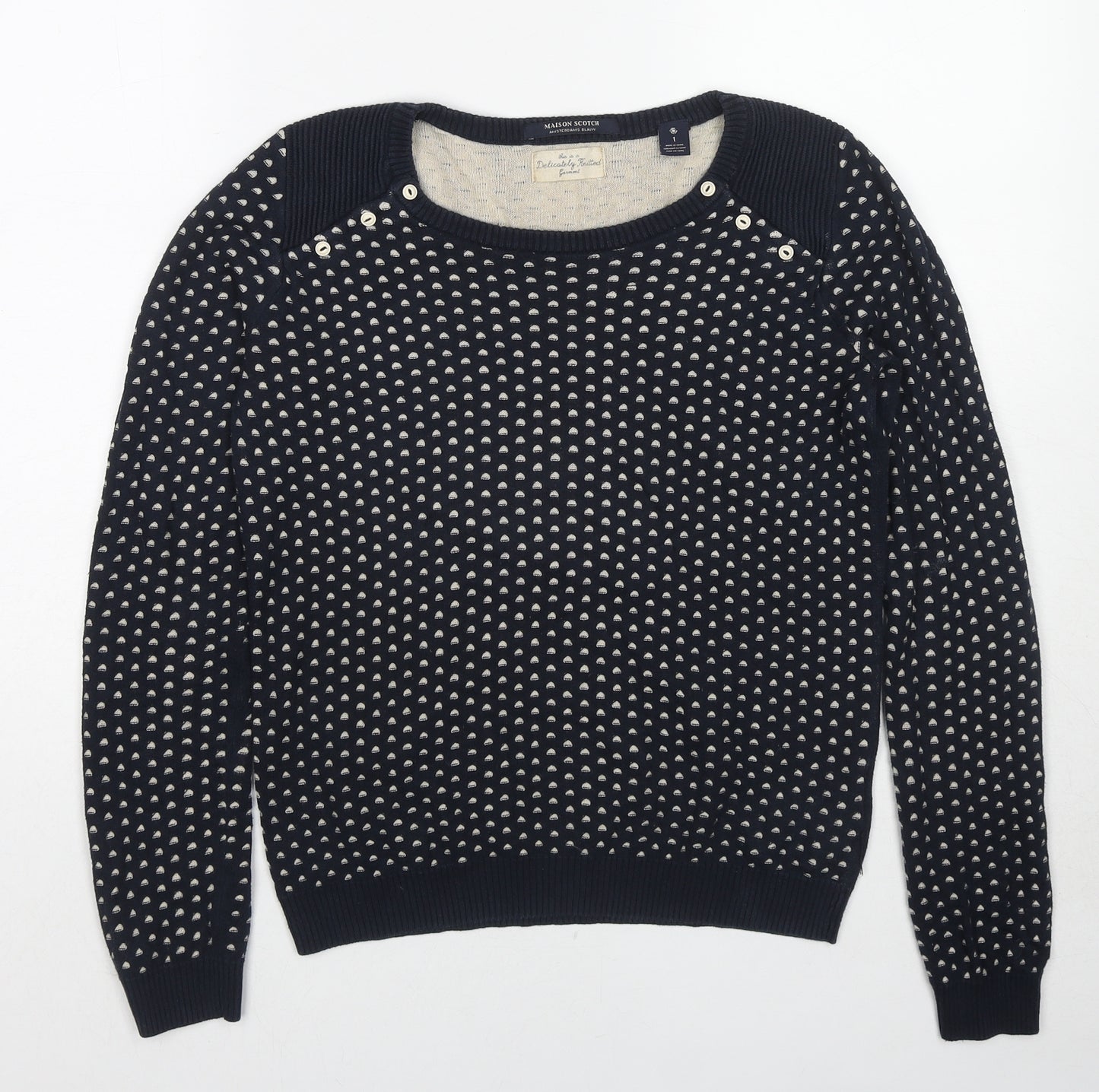 Maison Scotch Womens Black Round Neck Geometric Cotton Pullover Jumper Size S