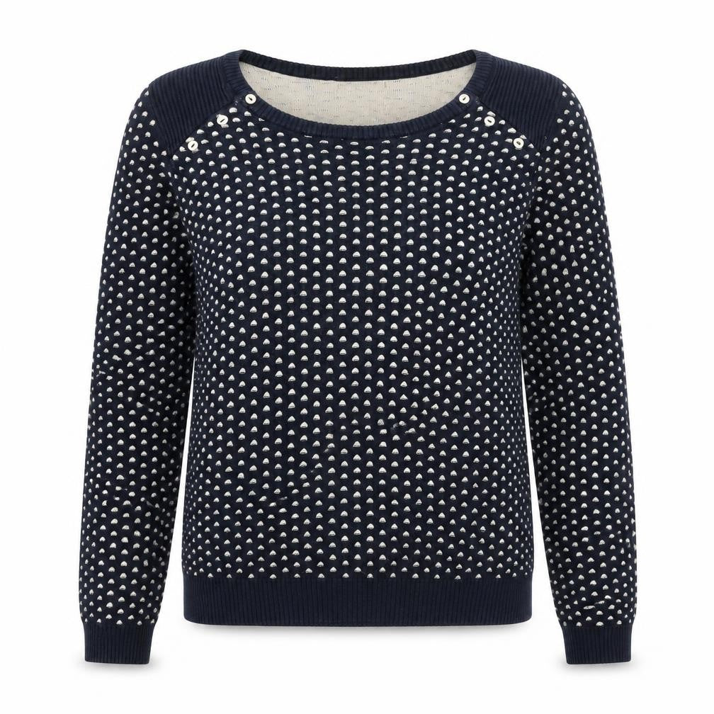 Front view of Maison Scotch women’s black round neck geometric cotton jumper, size S